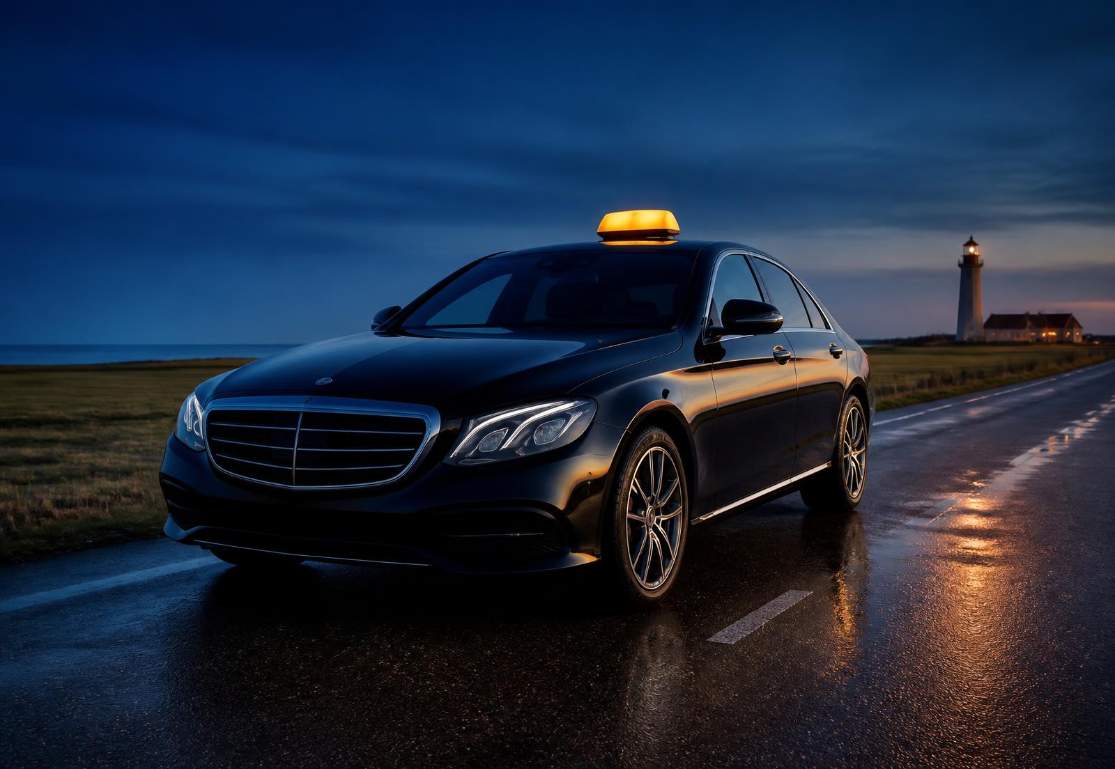 Zwarte taxi van NoordRit langs een Friese weg bij avondlicht